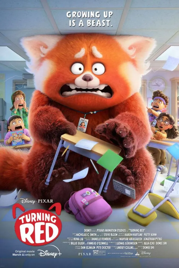 Promotional poster for Pixar's Turning Red featuring Meilin as a panda while her 3 friends and a male classmate look at her with a shocked expression.