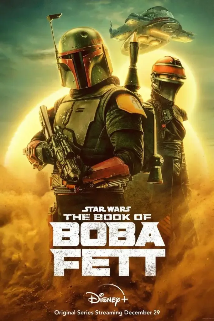 Promotional poster for the Disney+ show, Star Wars: The Book of Boba Fett, featuring the two main characters, Boba Fett and Fennec Shand.