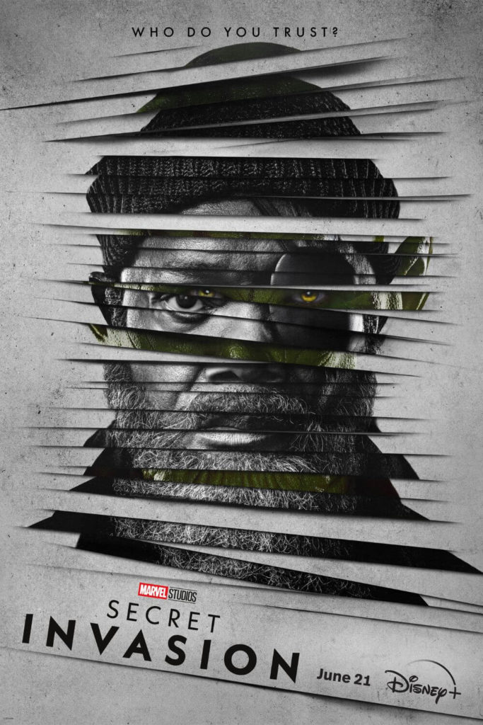 Promotional poster for Marvel Studios' Secret Invasion featuring a photo of Samuel L. Jackson as Nick Fury.