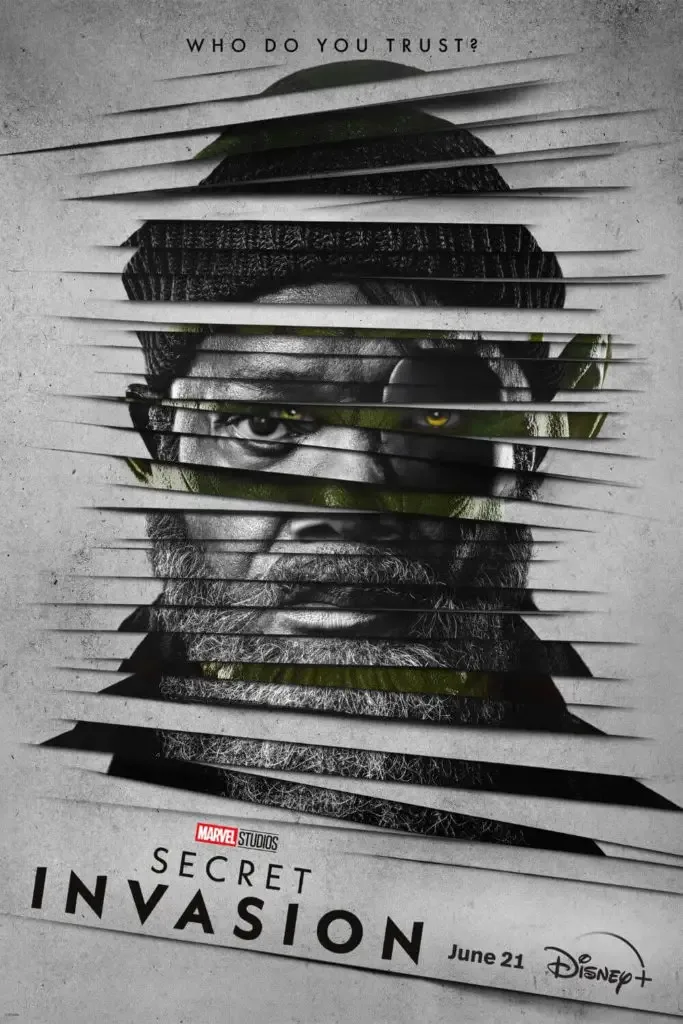 Promotional poster for Marvel Studios' Secret Invasion featuring a photo of Samuel L. Jackson as Nick Fury.