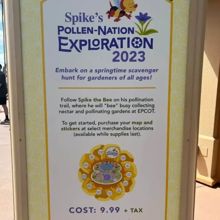 Closeup of a sign for Spike's Pollen-Nation Exploration scavenger hunt at Epcot's Flower and Garden Festival.