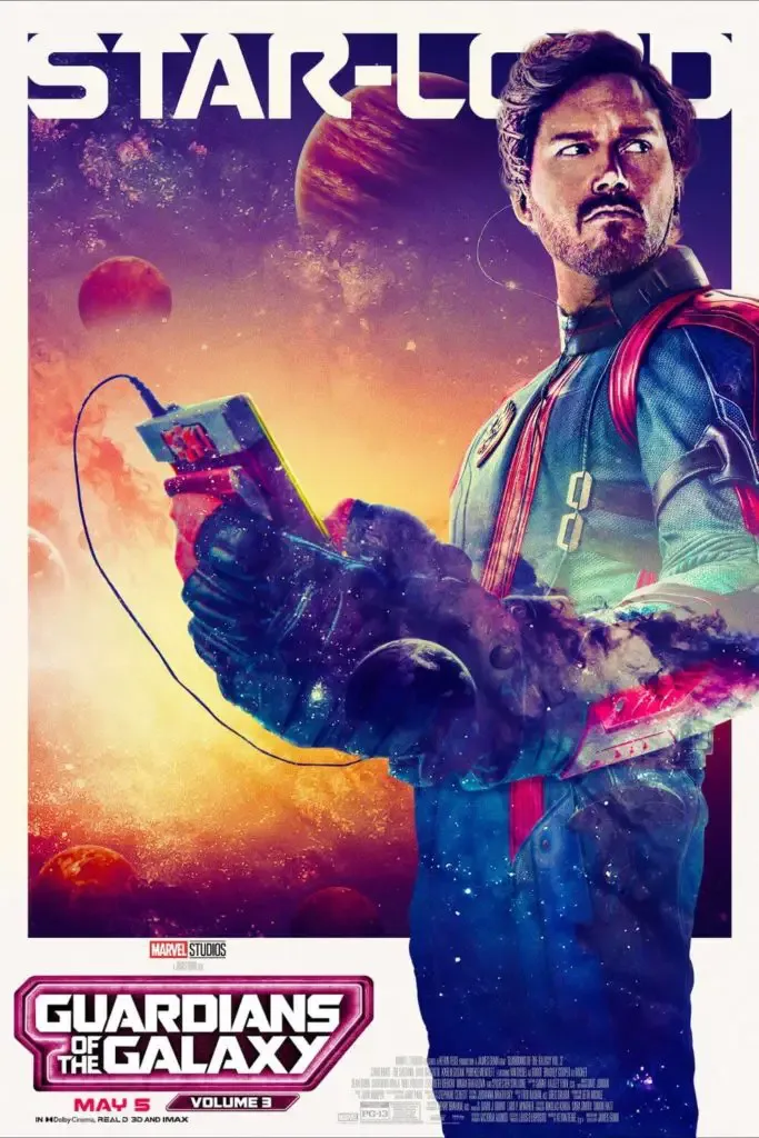 Promotional poster featuring Peter Quill, aka Star-Lord, in Guardians of the Galaxy, Volume 3.