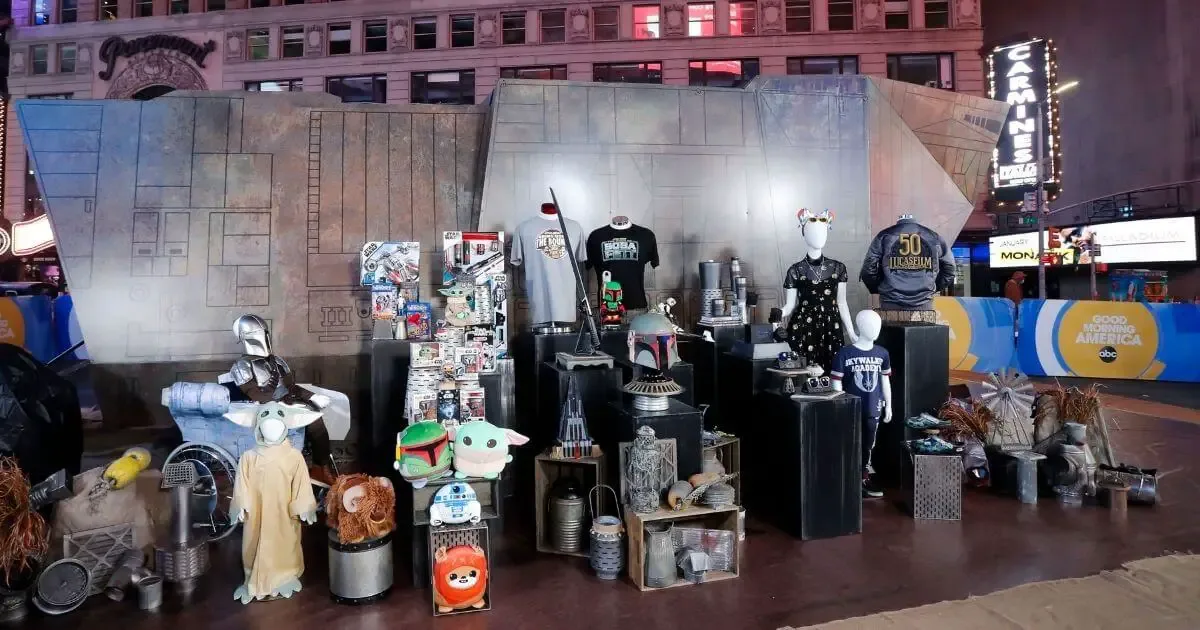 Photo of a massive display of Mandalorian gifts from the Bring Home the Bounty campaign.