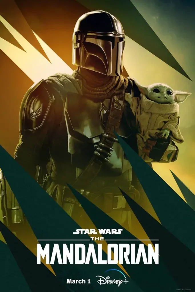 Promotional poster for season 3 of The Mandalorian featuring Mando with Grogu in his arms.