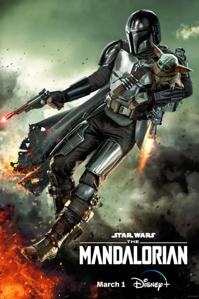 Promotional poster for season 3 of The Mandalorian featuring Mando in the air via jetpack with Grogu in his arms.