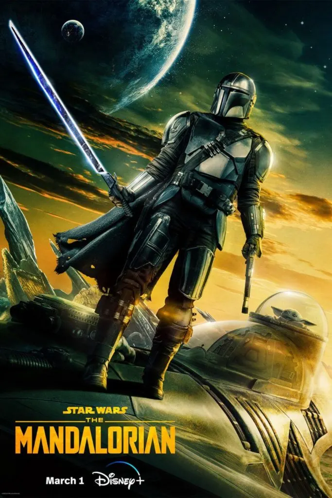 Promotional poster for season 3 of The Mandalorian featuring Mando with the darksaber, standing on top of his ship, with Grogu inside.