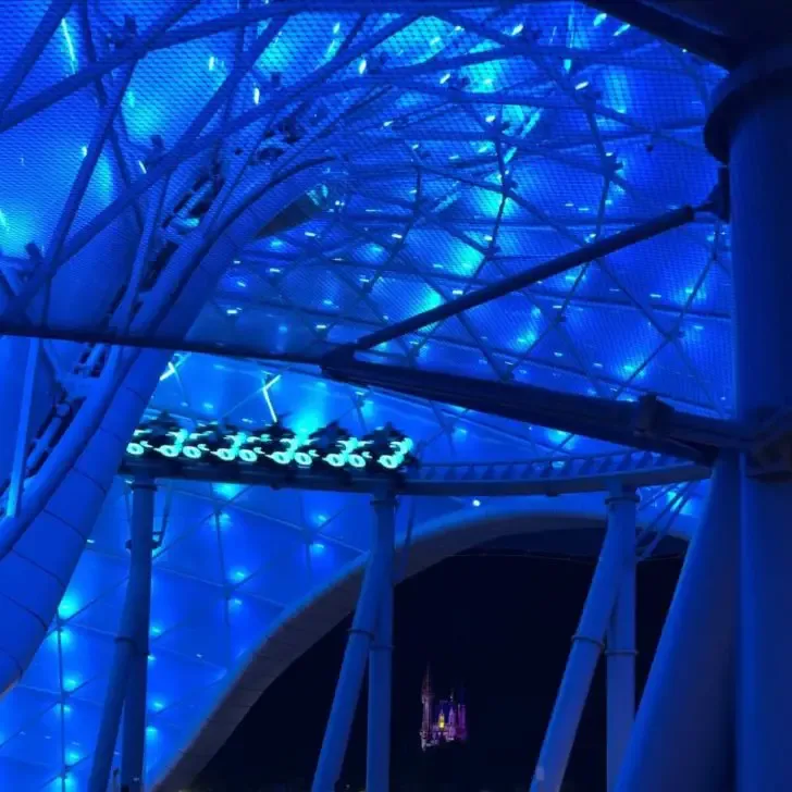 Photo of the TRON roller coaster at night with Cinderella's Castle in the background.