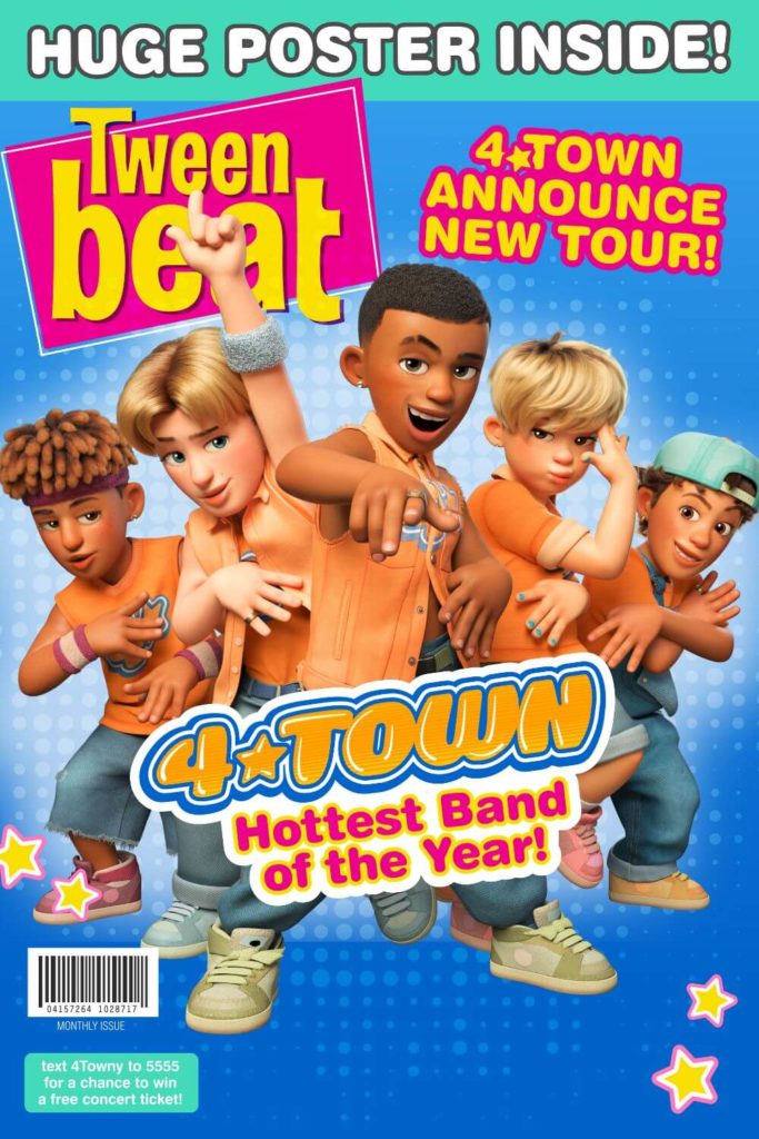 Magazine cover for the faux publication, Tween beat, with the faux band 4-Town on the cover.