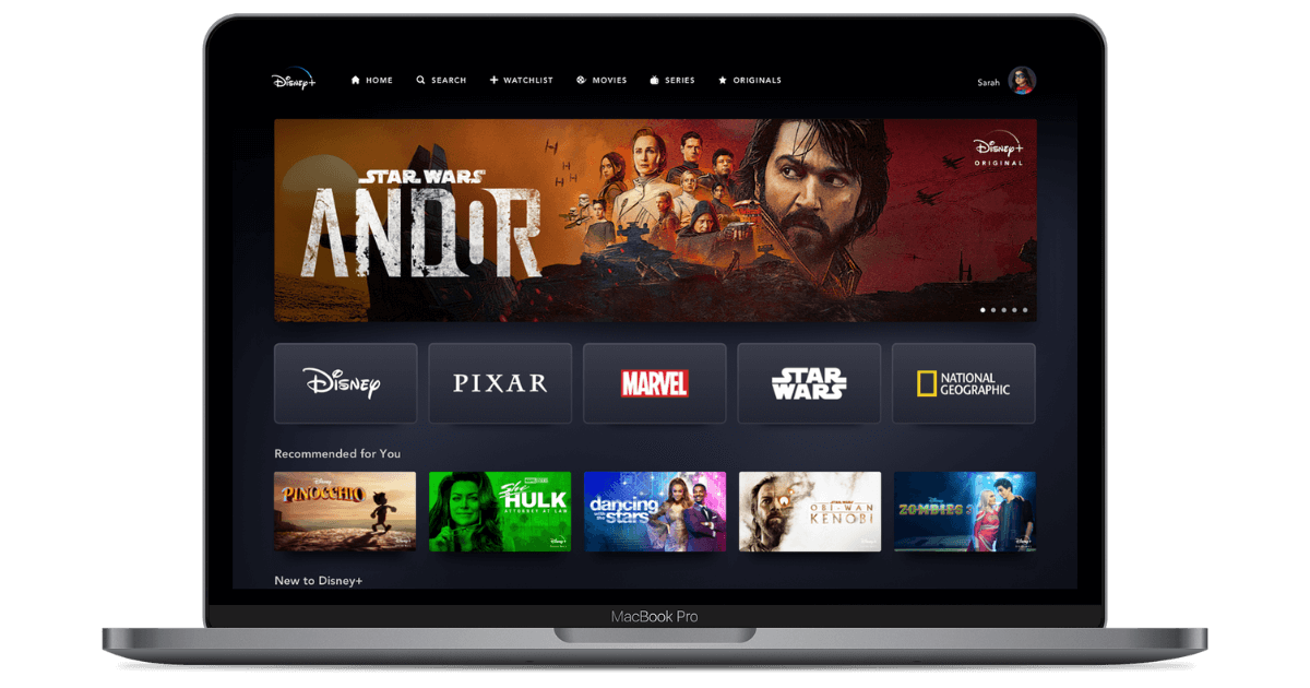 Photo of Disney+ screen lockup on a laptop, featuring the Star Wars show, Andor.