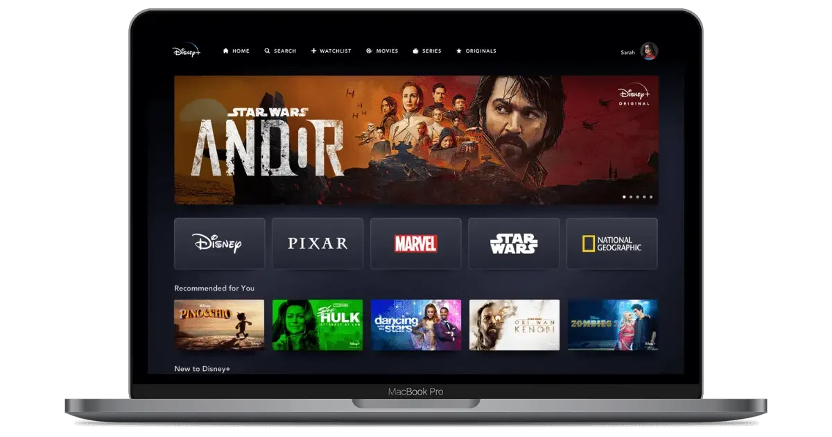 Photo of Disney+ screen lockup on a laptop, featuring the Star Wars show, Andor.