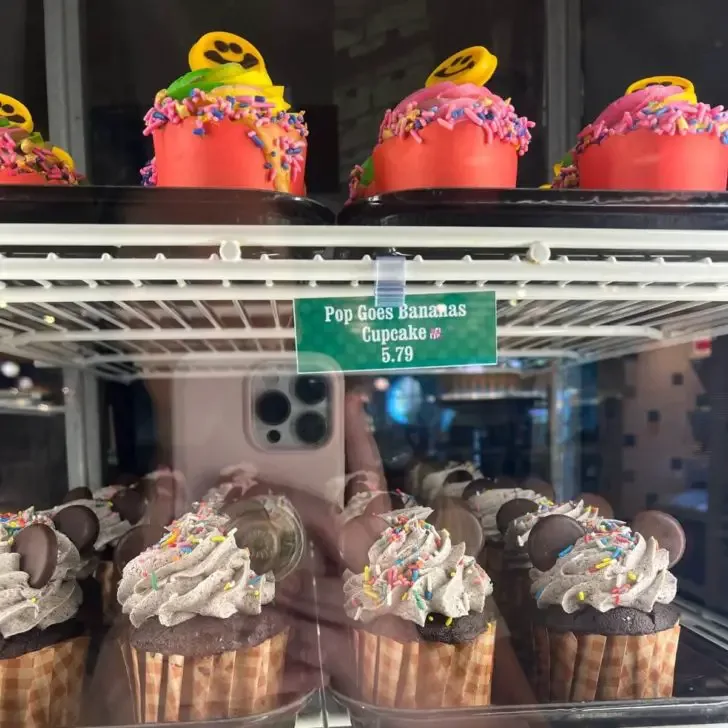 Photo of cupcakes in a refrigerator at the Pop Century food court.