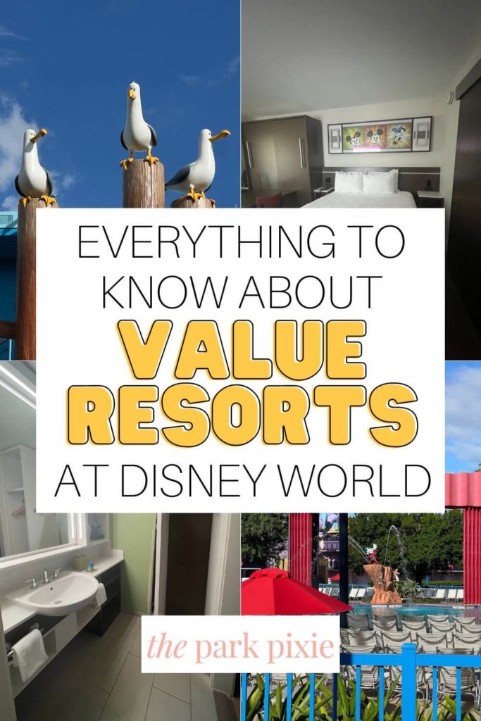 Grid with 4 photos from various Disney World values resorts. Text in the middle reads "Everything to Know About Value Resorts at Disney World."