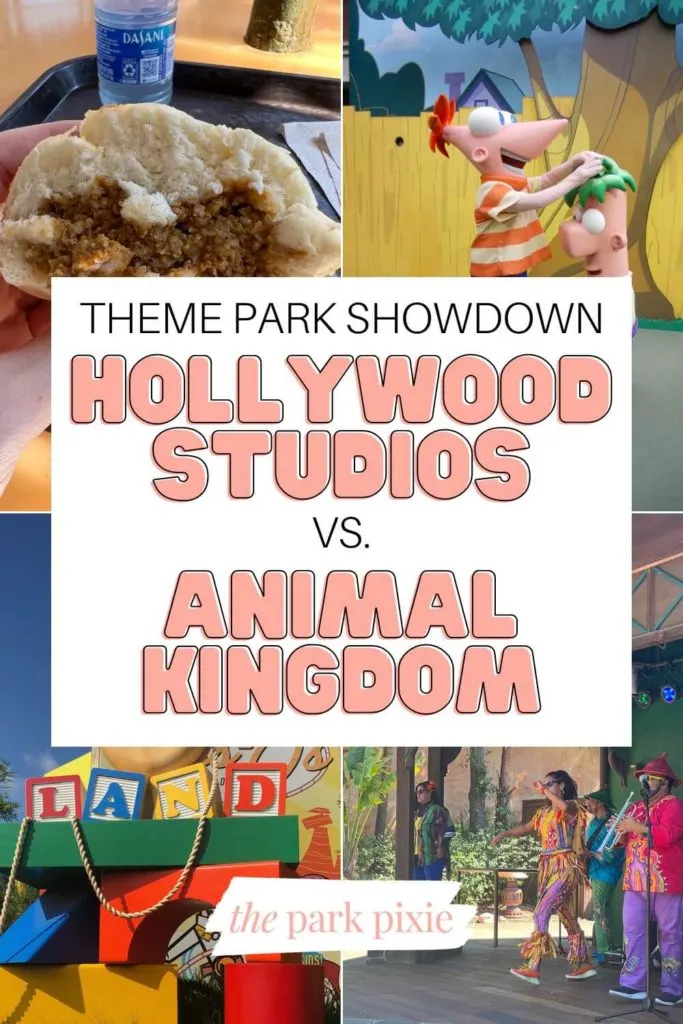 Grid with 4 photos from Animal Kingdom and Hollywood Studios. Text in the middle says "Theme Park Showdown: Hollywood Studios vs Animal Kingdom."