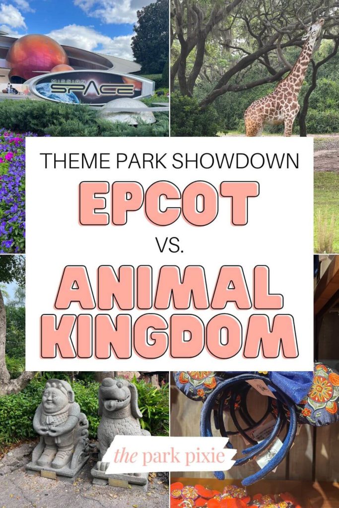 Grid with 4 photos, Dug & Russell statues, Norwegian Minnie ears, a giraffe, and the entrance to Mission Space. Text in the middle reads "Theme Park Showdown: Epcot vs Animal Kingdom."