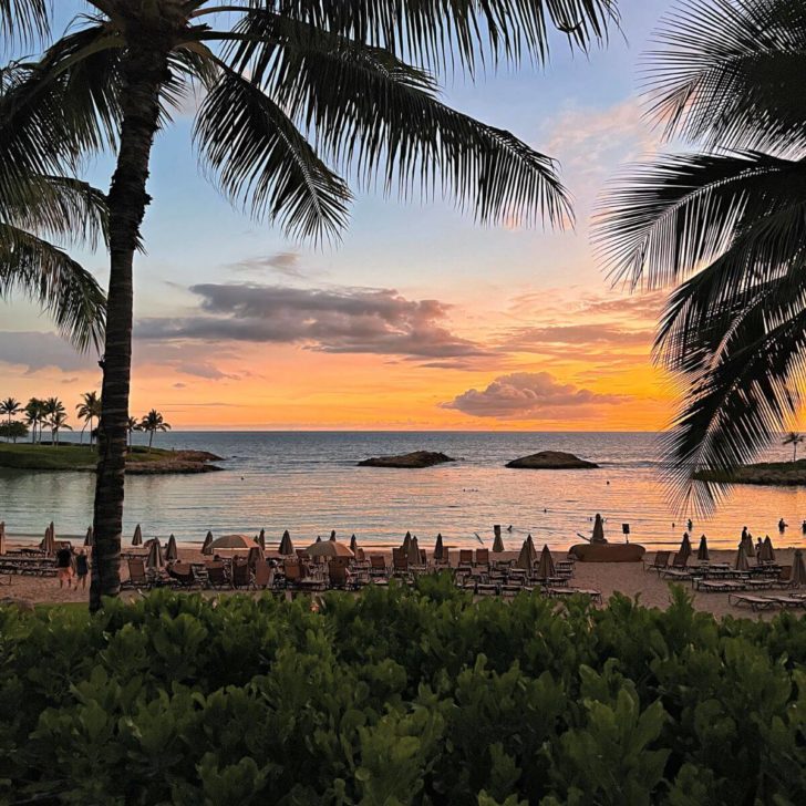 Photo of the Aulani Lagoon at sunset from the adults-only whirlpool area.