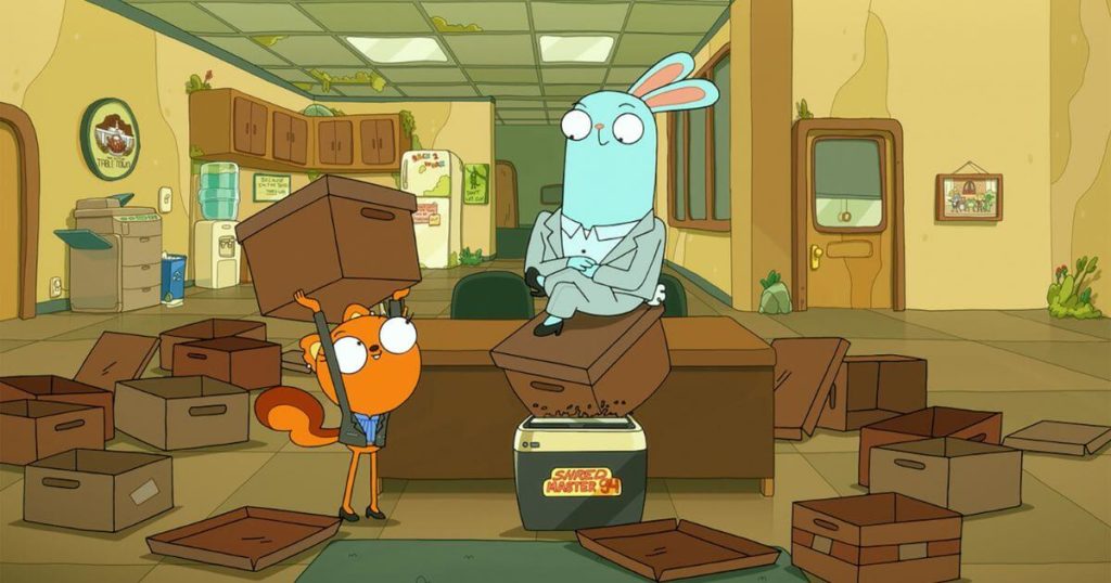 Photo still from the animated Disney show, Kiff, featuring Kiff the squirrel and Barry the rabbit.