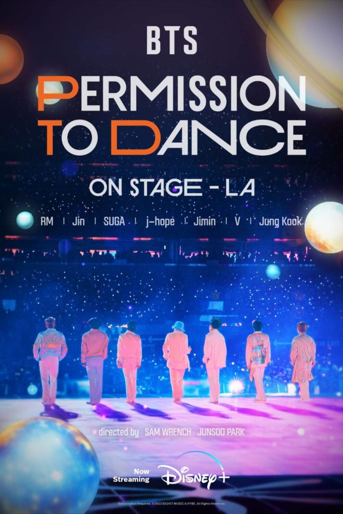 Promotional poster for the Disney+ concert documentary, BTS: Permission to Dance - On Stage LA, featuring RM, Jin, Suga, j-hope, Jimin, V, and Jung Kook facing the audience at a concert.