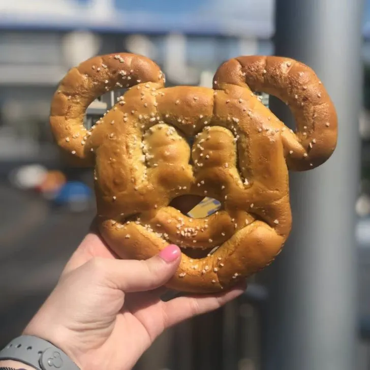 Closeup photo of a Mickey Mouse shaped pretzel.