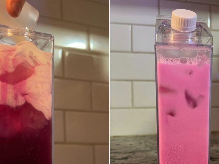 Photo collage with 2 photos. On the left, a person is pouring cream into a desert pear milky fizz sipper, reminiscent of an Italian cream soda. On the right is the finished drink in a milk carton-like container.