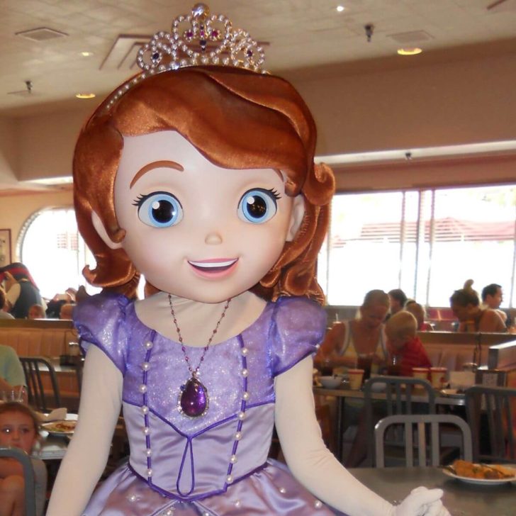Closeup photo of Princess Sophia at a Disney Junior character meal.
