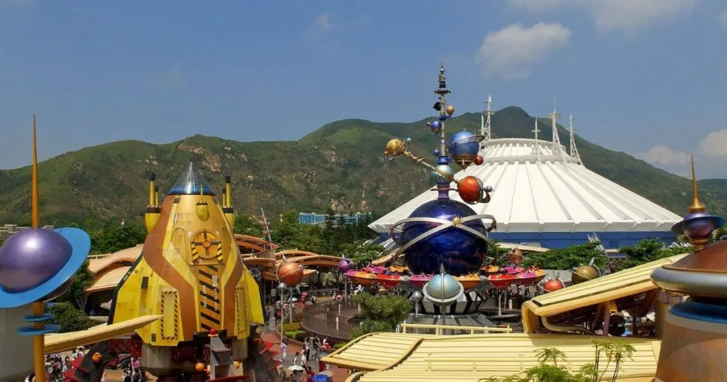 Photo of Tomorrowland at Disneyland, including Space Mountain in the background.