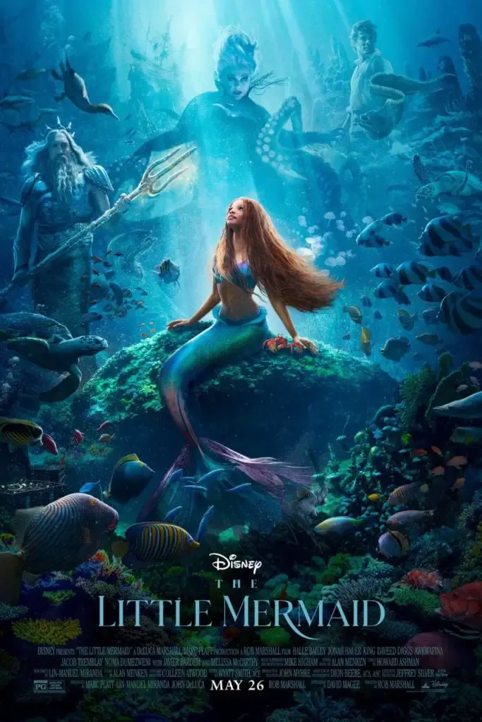Promotional poster for the live-action film, The Little Mermaid, featuring the main cast - Ariel, King Triton, Ursula, Prince Eric, Flotsam, Jetsam, Flounder, and Sebastian, posing under the sea.
