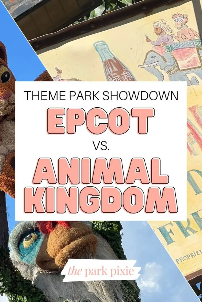 Graphic with a diagonal split down the middle, with a photo of a Rafiki topiary at Epcot on the left and a photo of a sign from a food kiosk at Animal Kingdom on the right. Text in the middle reads "Theme Park Showdown: Epcot vs Animal Kingdom."