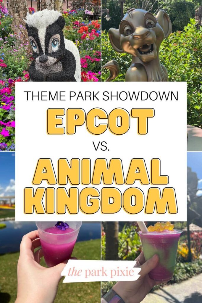 Grid with 4 photos, 2 from Animal Kingdom and 2 from Epcot. Text in the middle reads "Theme Park Showdown: Epcot vs Animal Kingdom."