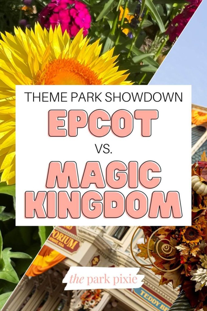 Graphic with a split photo of Autumn decorations at Magic Kingdom vs. Flowers at Epcot. Text in the middle reads "Theme Park Showdown: Epcot vs. Magic Kingdom."