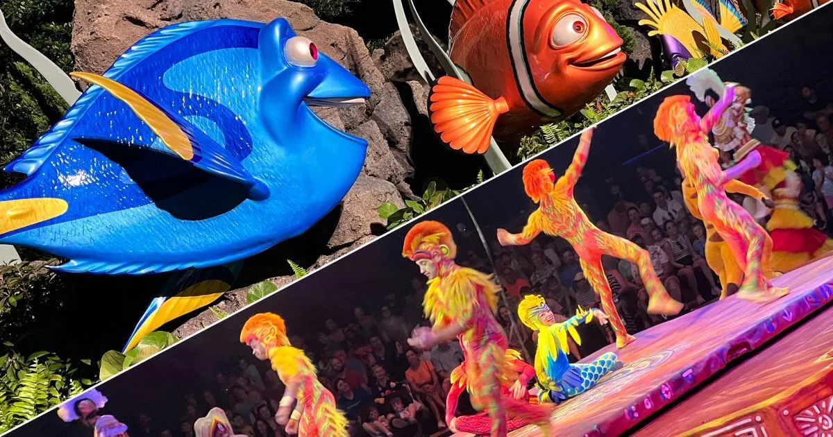 Horizontal photo with a line diagonally through the middle. On the top is a photo of statues outside the Nemo ride at Epcot and on the bottom is a photo of a performance of the Festival of the Lion King at Animal Kingdom.