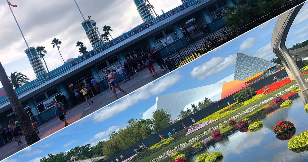 Horizontal photo with a diagonal split down the middle, with a photo of the entrance for Hollywood Studios on the left and a photo of the Imagination pavilion and monorail at Epcot on the right.