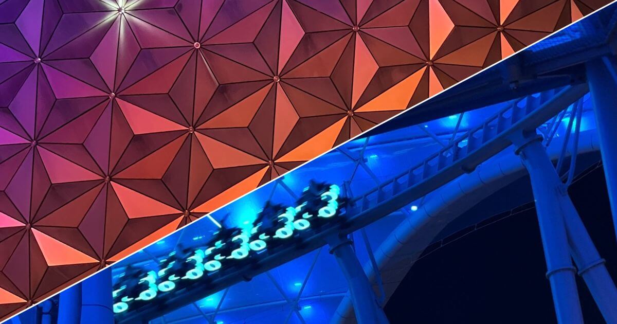Photo compilation of Epcot vs. Magic Kingdom with Spaceship Earth on top and TRON on bottom.