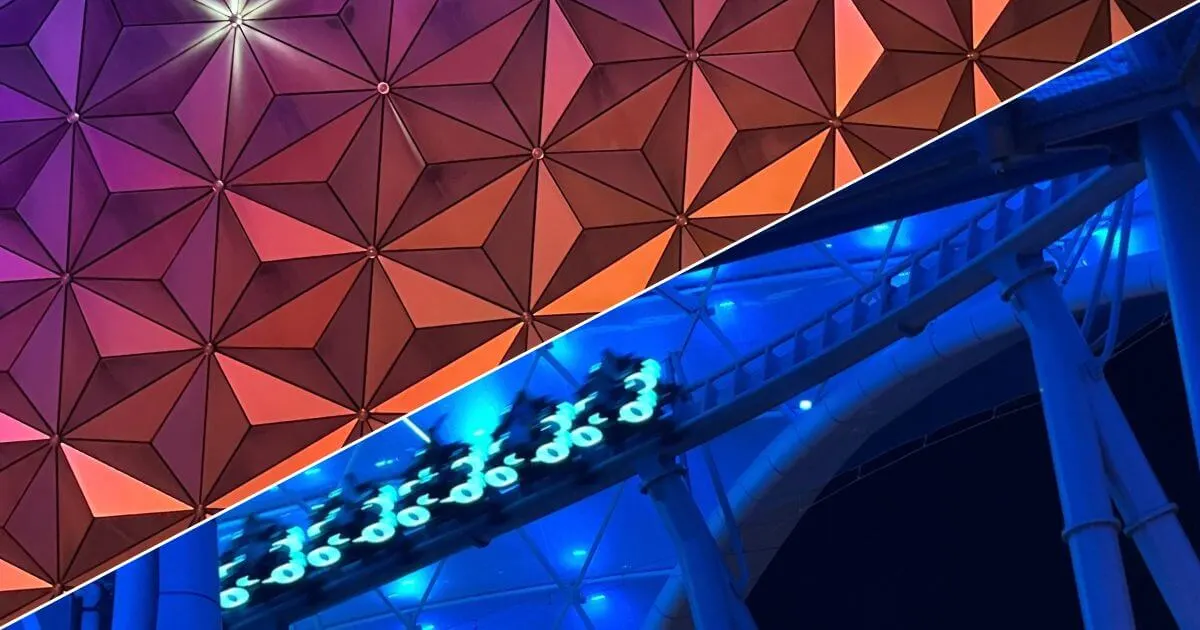 Photo compilation of Epcot vs. Magic Kingdom with Spaceship Earth on top and TRON on bottom.