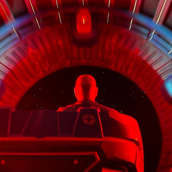 Point-of-view photo from the second car on the Guardians of the Galaxy: Cosmic Rewind roller coaster at Epcot.