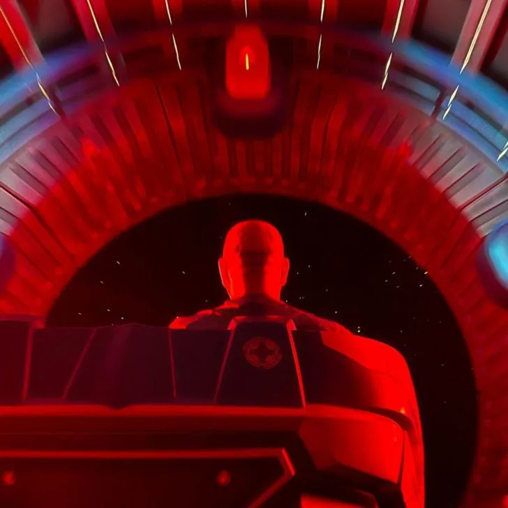 Point-of-view photo from the second car on the Guardians of the Galaxy: Cosmic Rewind roller coaster at Epcot.