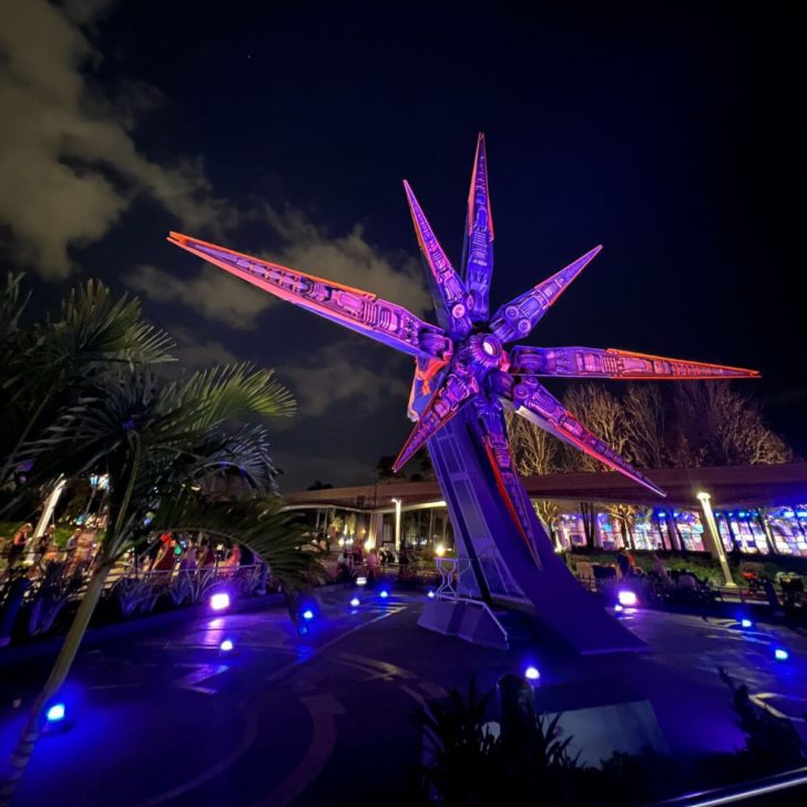 Photo of the Starblaster Nova Corps ship replica outside of Cosmic Rewind ride at Epcot.