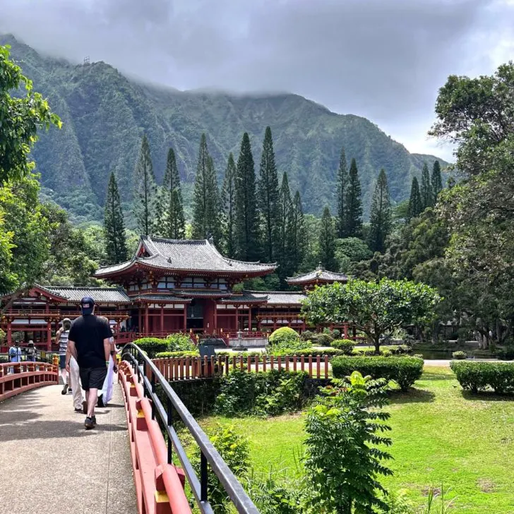 Photo looking across a bridge to the replica of Byodo-In Temple on Oahu in Hawaii.