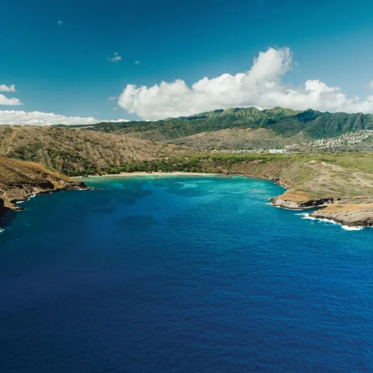 Aerial photo of Hanauma Bay Nature Preserve in Hawaii.