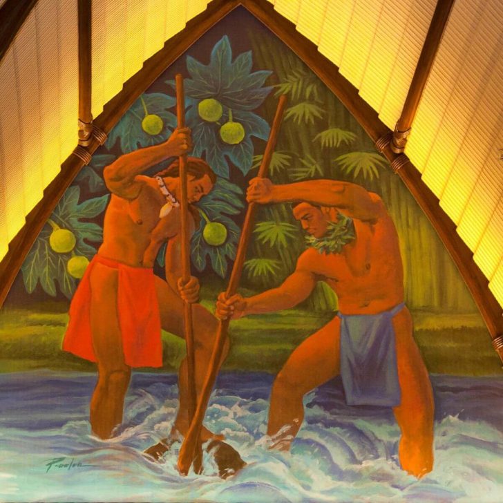Photo of an art piece depicting Kanaloa and Kāne in the Maka 'Ala Lobby at Aulani, a Disney Resort.