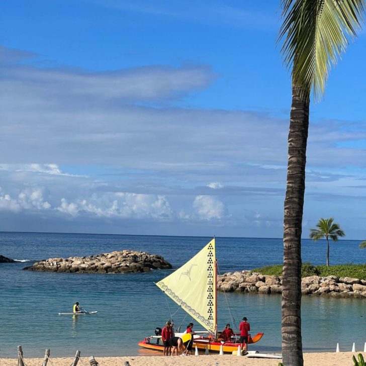 Photo of a Hawaiian canoe ashore while boarding guests.