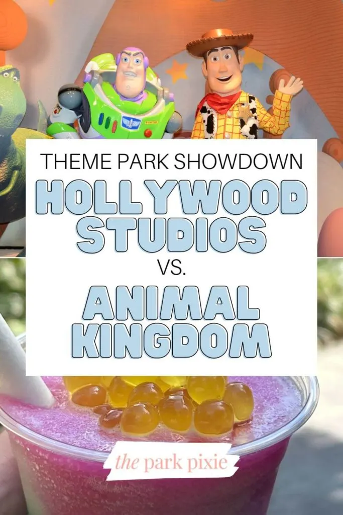 Graphic with a photo of Buzz Lightyear and Woody from Toy Story and a Night Blossom slushy. Text in the middle says "Theme Park Showdown: Hollywood Studios vs Animal Kingdom."