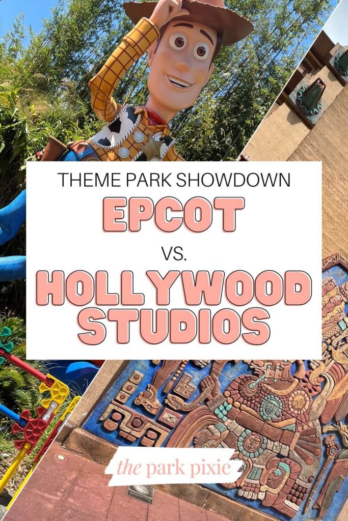 Graphic with a diagonal split with a photo of Woody from Toy Story on one side and the Mexico pavilion building on the other. Text in the middle reads: "Theme Park Showdown: Epcot vs Hollywood Studios."