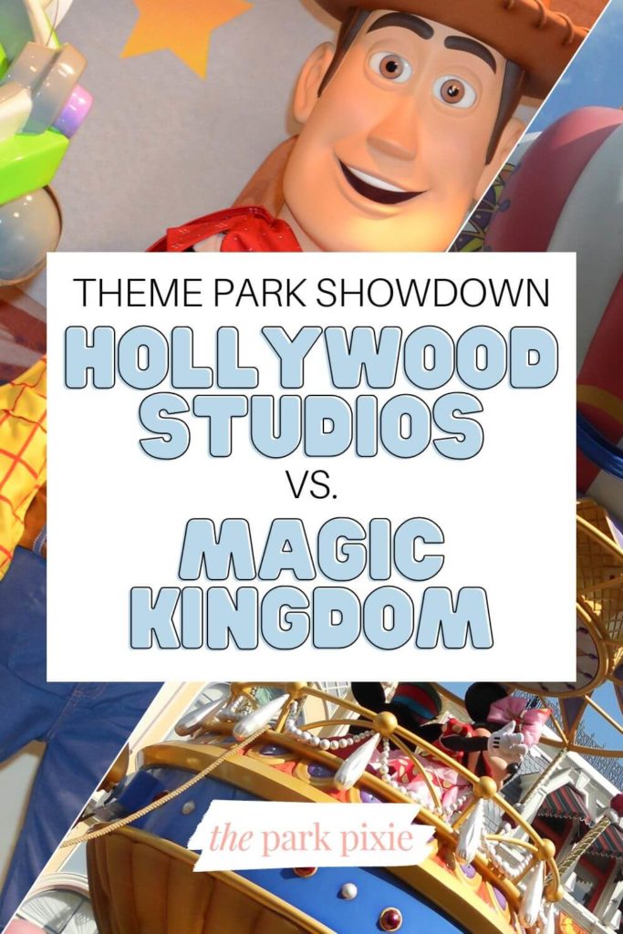 Graphic with 2 photos, one of Woody from Toy Story and one of a parade float with Minnie Mouse and other Disney characters. Text in the middle reads "Theme Park Showdown: Hollywood Studios vs Magic Kingdom."