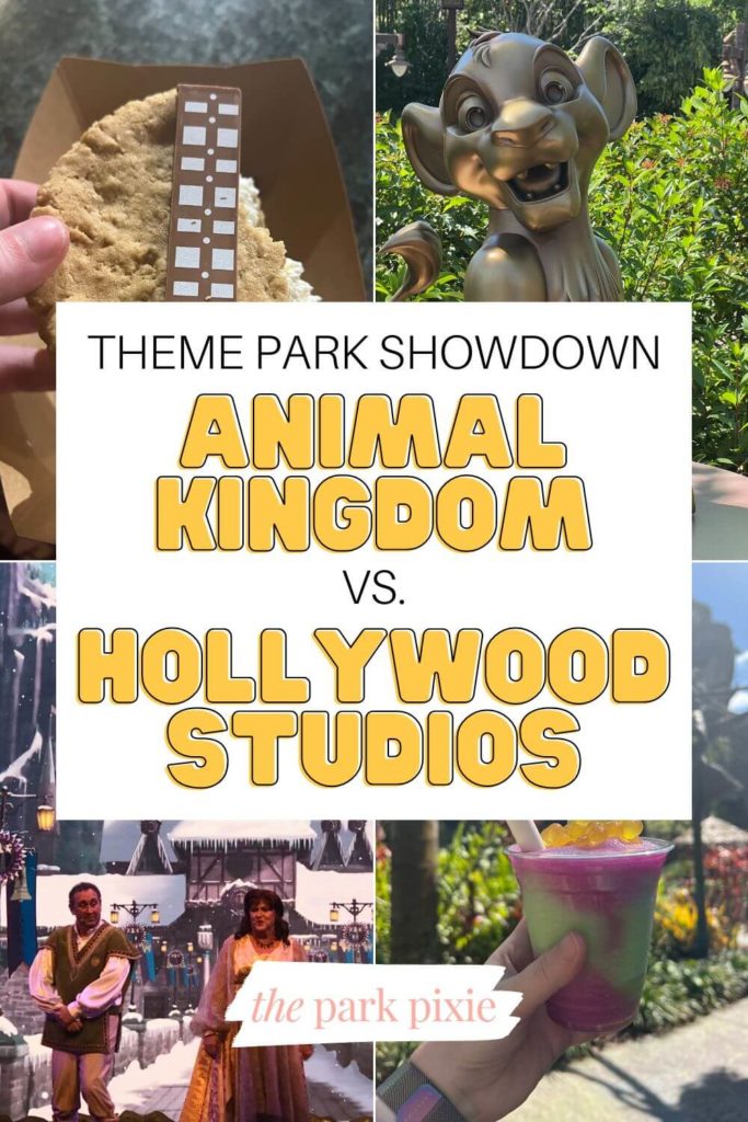 Grid with 4 photos from Hollywood Studios and Animal Kingdom. Text in the middle says "Theme Park Showdown: Animal Kingdom vs Hollywood Studios."