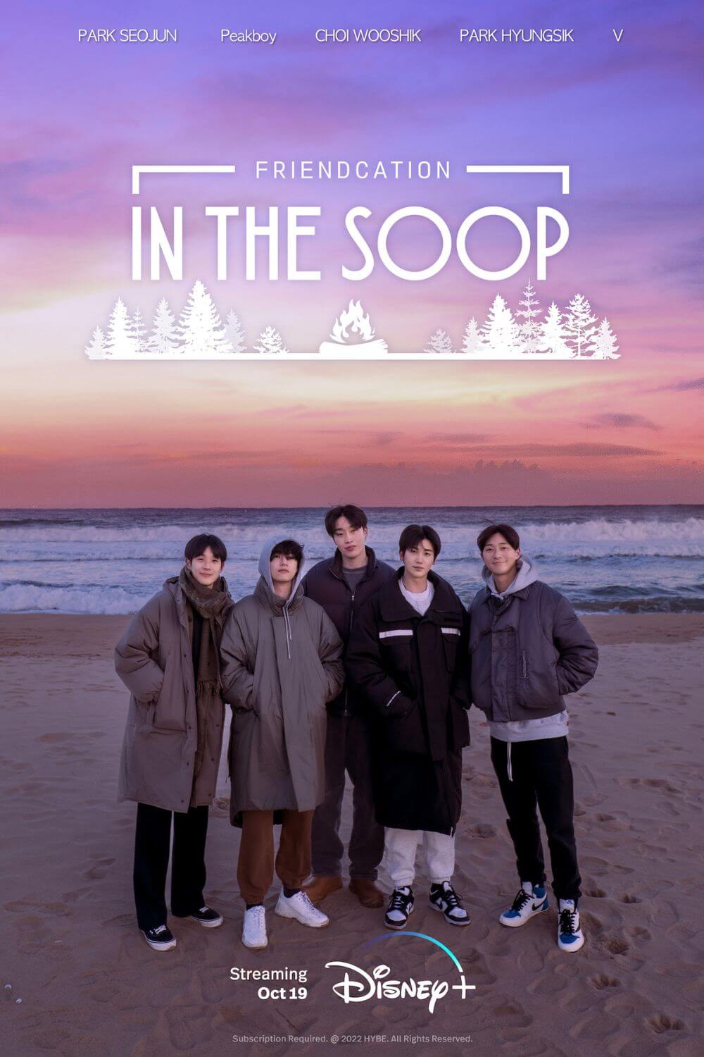 Promotional poster for the Disney+ reality show, In the Soop: Friendcation, featuring Park Seo-jun, Peakboy, Choi Woo-Shik, Park Hyung-sik, and V.