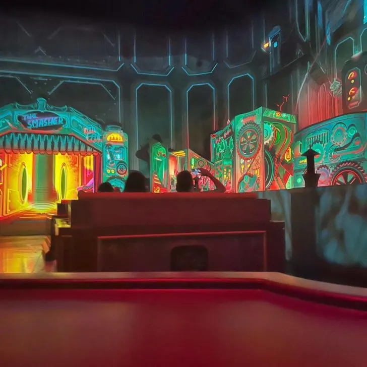 Photo from inside a ride vehicle on Mickey & Minnie's Runaway Railway