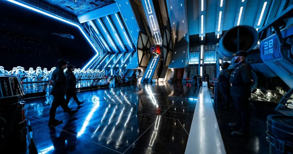 Photo of one of the walk-through areas on Rise of the Resistance with a large formation of Stormtroopers and First Order officers.