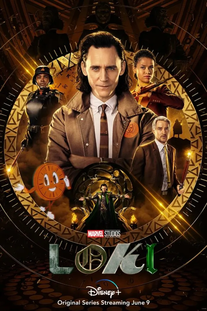 Promotional poster for the Disney+ Marvel series, Loki, with the main cast featured: B-15, TVA Loki, Judge Ravonna Renslayer, Miss Minutes, Villain Loki, and Mobius M. Mobius.