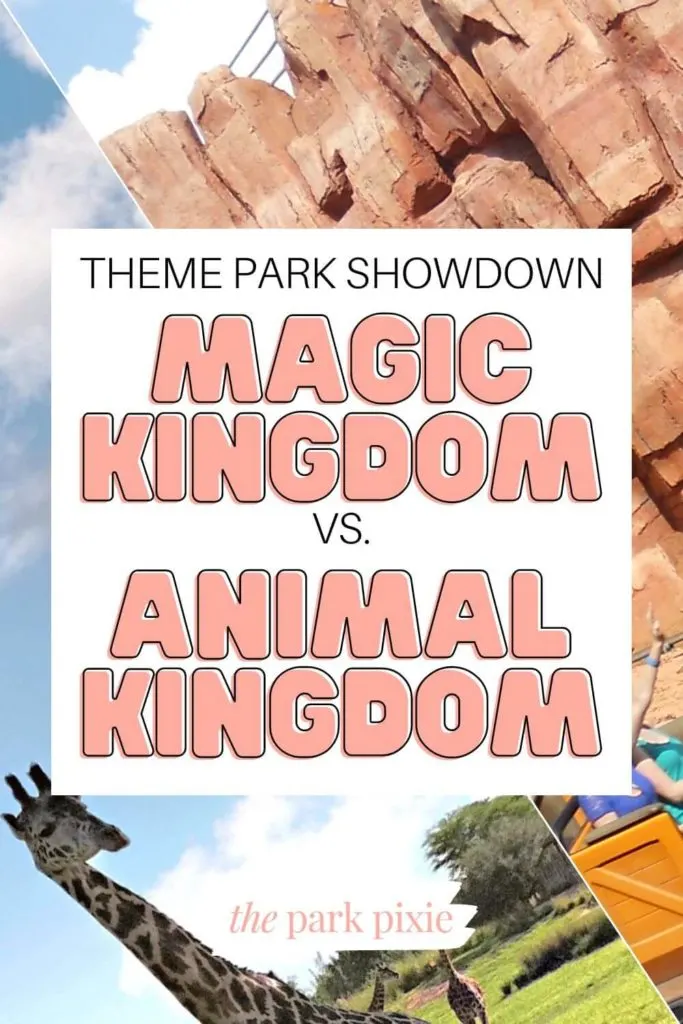 Graphic with a line down the middle from top left to bottom right with a photo of Animal Kingdom on one side and Magic Kingdom on the other. Text in the middle reads: "Theme Park Showdown: Magic Kingdom vs Anima Kingdom."