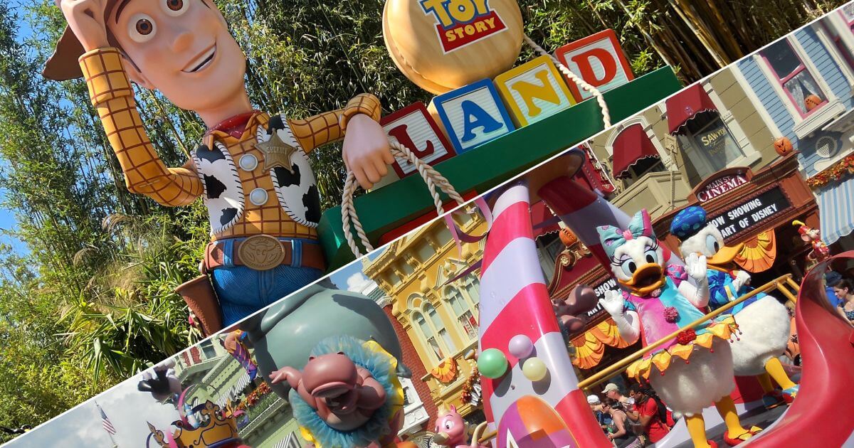 Horizontal photo split diagonally bottom left to top right. On the left is a photo of the Woody statue by the Toy Story Land sign at Hollywood Studios. On the right is a photo of Daisy and Donald Duck on a parade float at Magic Kingdom.